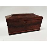Victorian work box - A flame mahogany veneered sarcophagus shaped box raised on bun feet, height