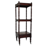 Victorian whotnot - A three tiered whotnot with single drawer on short turned legs and castors,