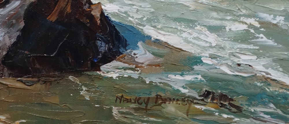 NANCY BAILEY (1913 -2012) Bedruthan Steps Oil on canvas Signed Framed Picture size 49.5 x 100cm - Image 3 of 4