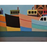 MARK RICHARDS (XX-XXI) Four Fishing Boats Oil on canvas Framed Signed Picture size 40 x 50cm Overall