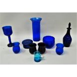 Bristol Blue - Assorted glassware, to include a 19th century decanter and stopper gilt inscribed '