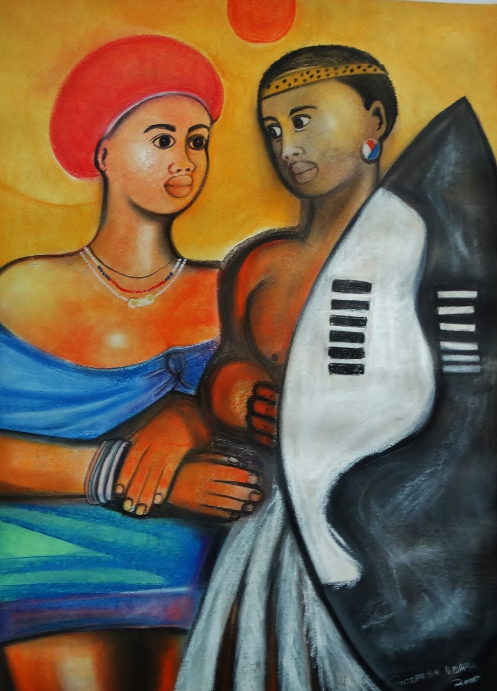 GODFREY NDABA (1947) Pair Of Tribal Figure Studies Pastel on paper Signed and dated 2000 Framed - Bild 4 aus 7