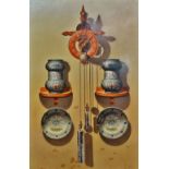 CHRISTOPHER JOHN HARRISON (1945) Crowlink Clock, Two Plates and Two Pots Oil on board Initialled and