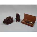 Black Forest, treen and brass scales - A Black Forest bear, height 12.5cm, together with a treen