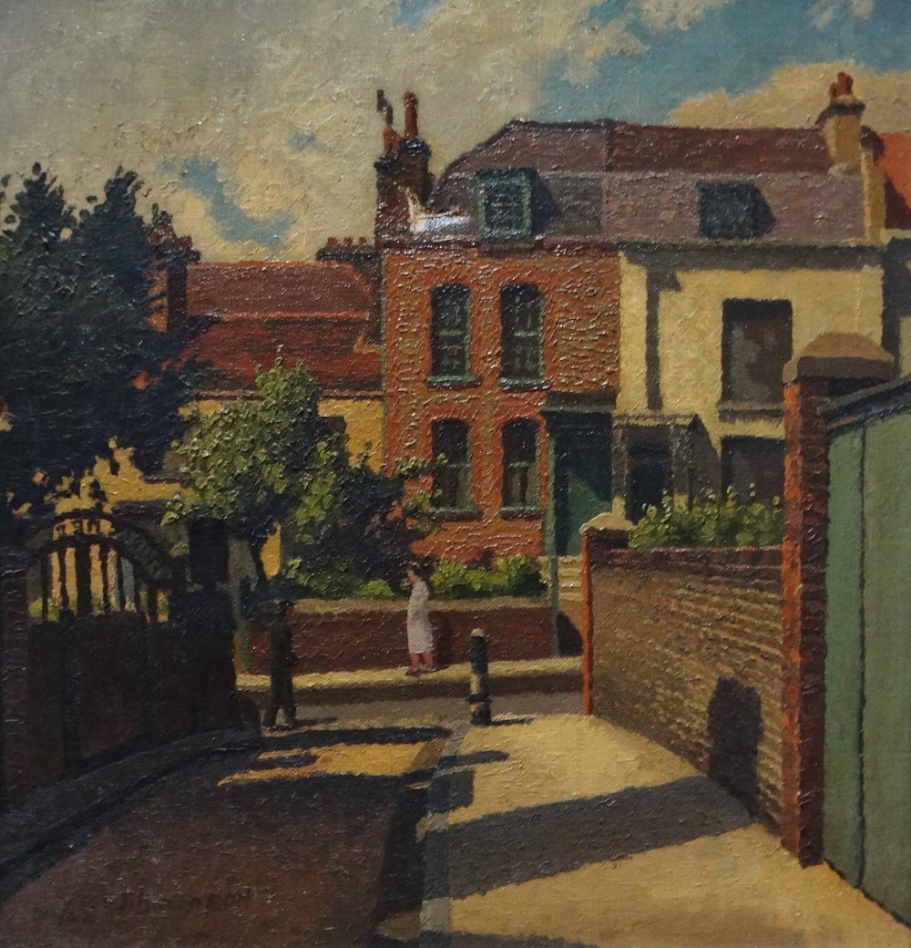 A. G. WILLIAMSON Across The Street Oil on canvas Signed Framed Picture size 47 x 44.5cm Overall size