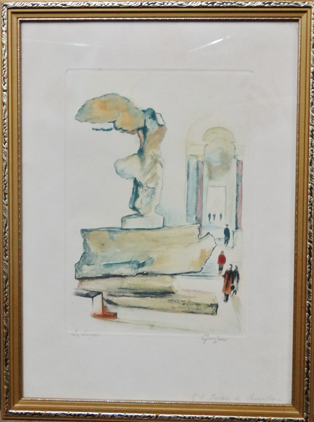 20th Century French School Le Louvre Hand painted lithograph Indistinctly signed and titled Framed - Image 2 of 5