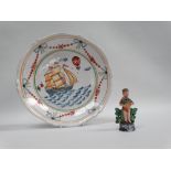 18th/19th century French faience balloon dish etc.- A shallow dish decorated with a sailing ship and