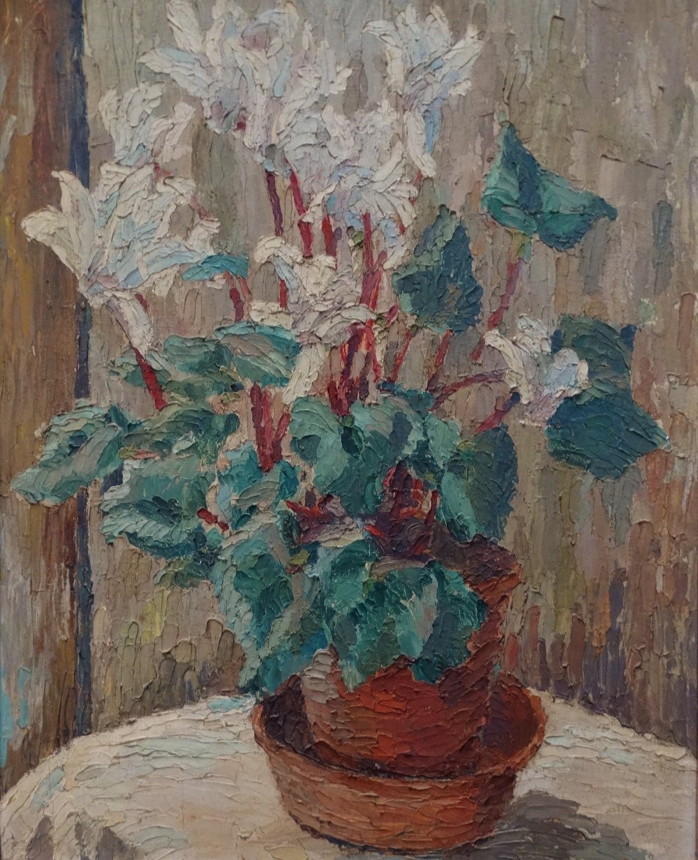 ANNE BRANDON-JONES (1878-1968) White Cyclamen Oil on board Signed verso Framed Picture size 49.5 x