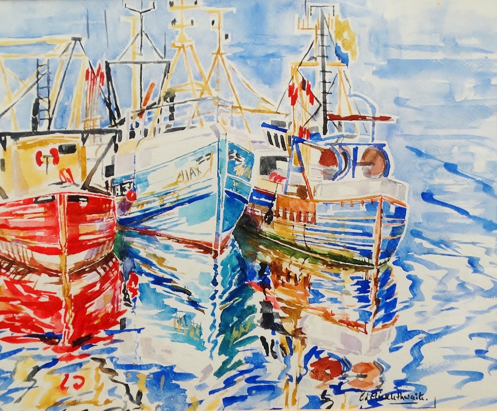 CHRISSIE MICKLETHWAITE (1964) Three Fishing Boats Watercolour Signed Framed and glazed Picture