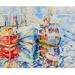CHRISSIE MICKLETHWAITE (1964) Three Fishing Boats Watercolour Signed Framed and glazed Picture