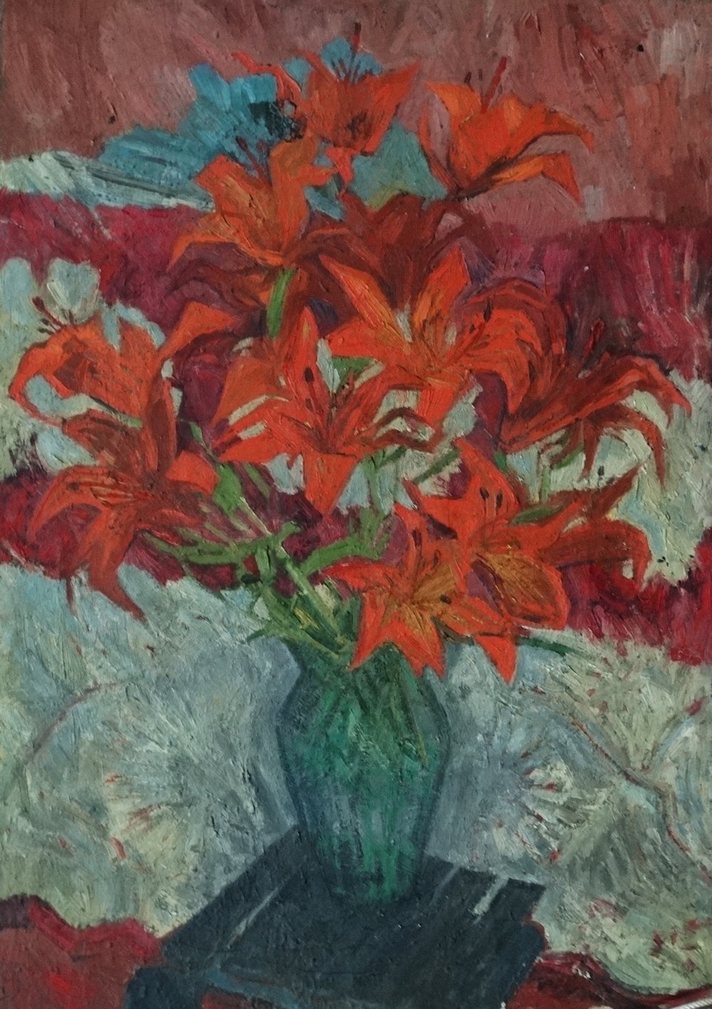 PAULINE DAVIDSON Lilies Oil on canvas Initialled, signed verso Picture size 50.5 x 36cm