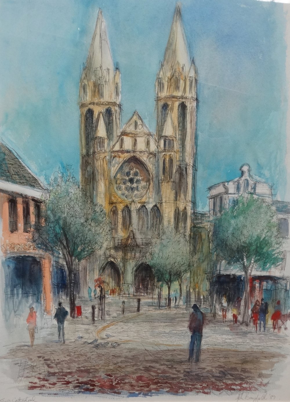 JOHN BAMPFIELD (1947) Truro Cathedral Watercolour and pencil Signed, titled and dated '89 Framed and