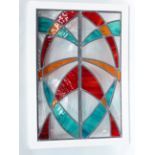 Stained Glass Panel - An abstract design leaded glass panel with red, amber and turquoise glass in a