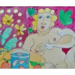 20th Century English School Naive Nude Watercolour Framed and glazed Picture size 49 x 59cm