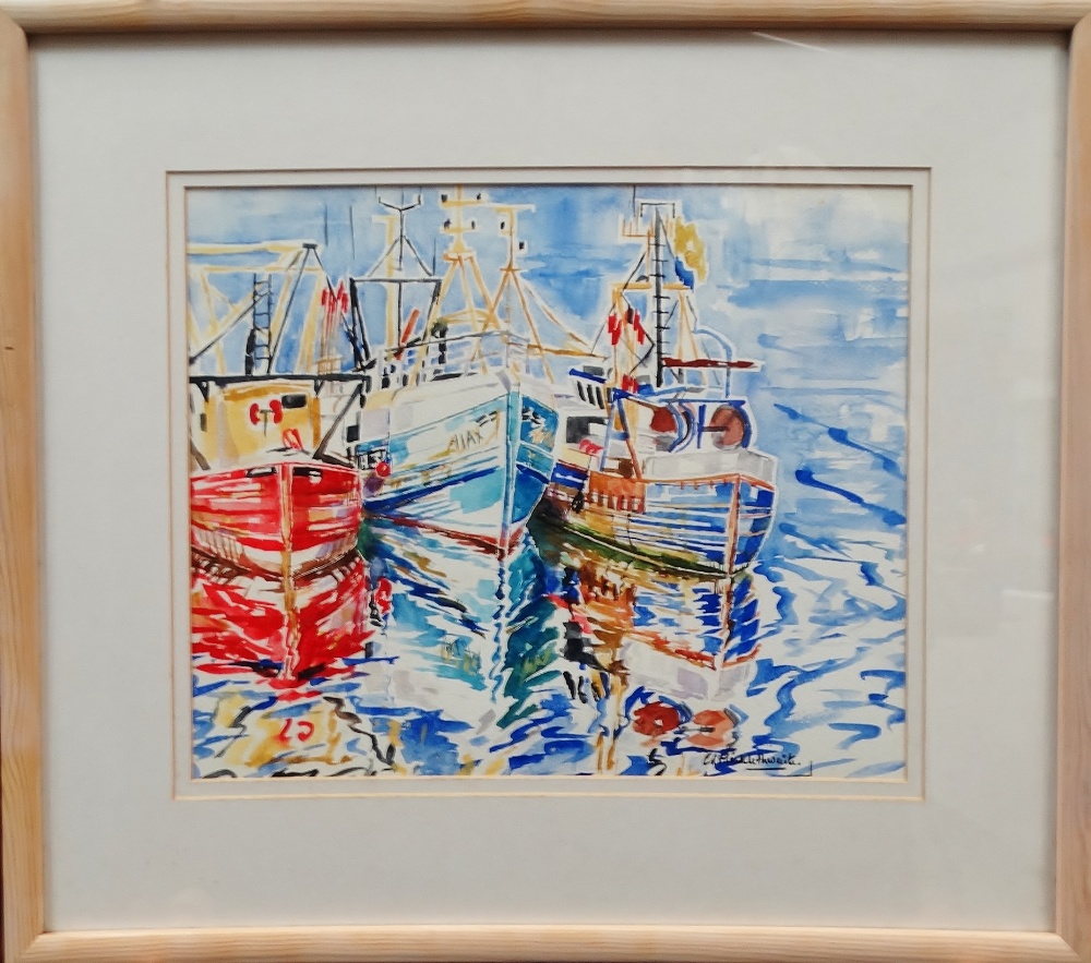 CHRISSIE MICKLETHWAITE (1964) Three Fishing Boats Watercolour Signed Framed and glazed Picture - Image 2 of 4