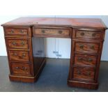 Victorian desk - A mahogany three part breakfront pedestal desk on a plinth base, height 79cm, width