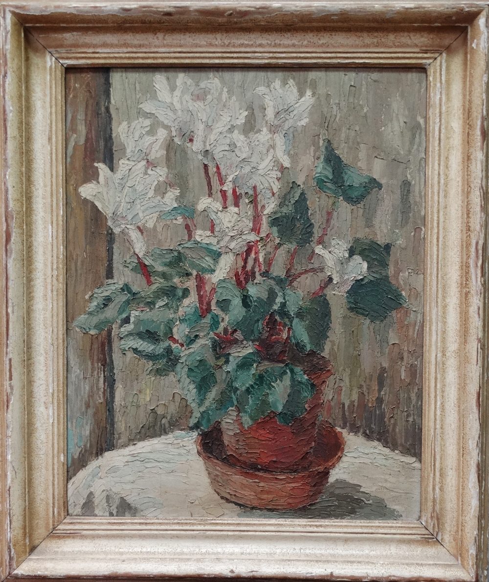 ANNE BRANDON-JONES (1878-1968) White Cyclamen Oil on board Signed verso Framed Picture size 49.5 x - Image 2 of 6