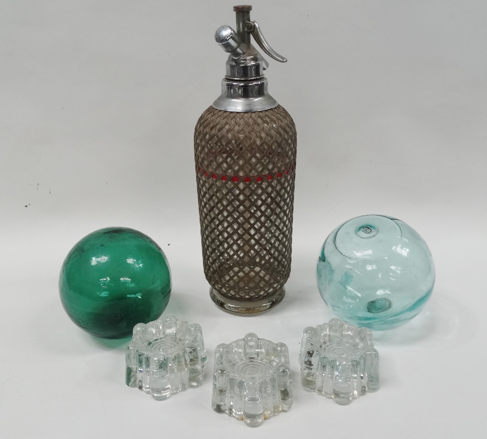 Soda syphon and assorted glassware - A Sparklets of London mesh soda syphon, height 35cm, together