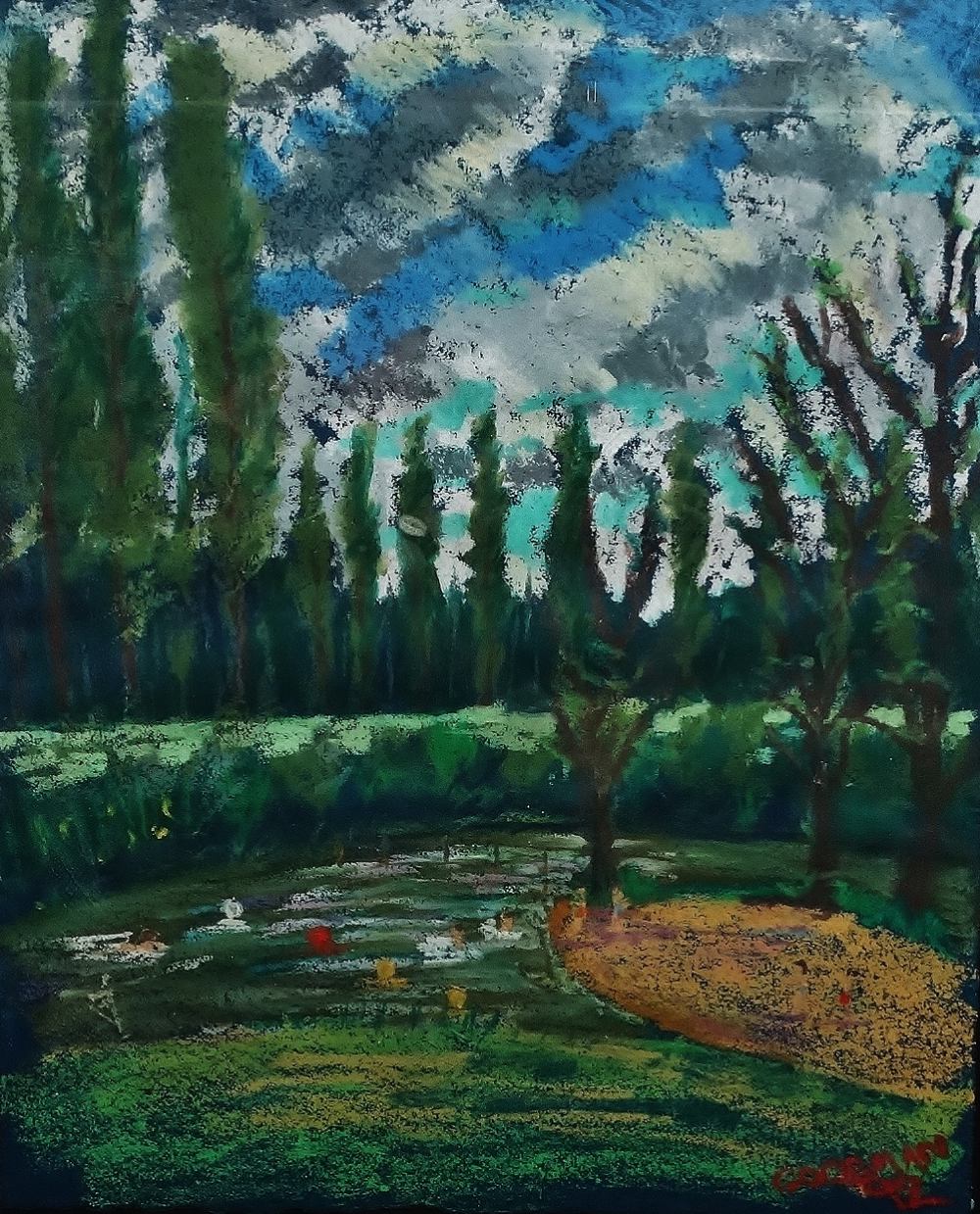 DAVID GOODMAN (1954) Poplars Acrylic on paper Signed and dated 92 Framed and glazed Picture size