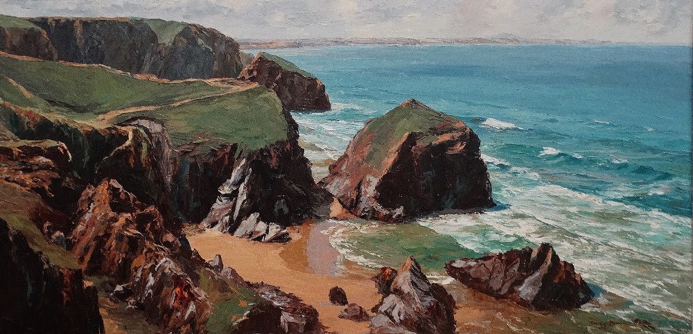 NANCY BAILEY (1913 -2012) Bedruthan Steps Oil on canvas Signed Framed Picture size 49.5 x 100cm