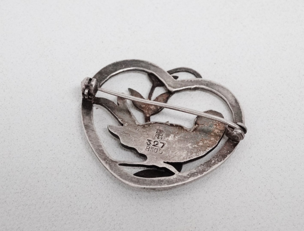 A Scandinavian 20th century silver brooch - modelled as a dove with foliage within a heart, weight - Image 2 of 2