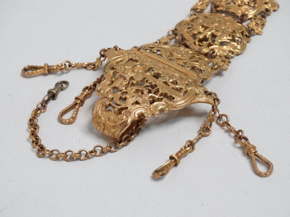 A late 19th century continental ormolu chatelaine - the pierced and engraved decoration showing - Image 2 of 4