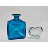 Holmegaard glass - a Holmegaard blue glass pinched dimple decanter and stopper, height 20.5cm,