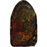 A 19th century Russian icon Madonna and Child, wearing red and green robes on a gilt ground,