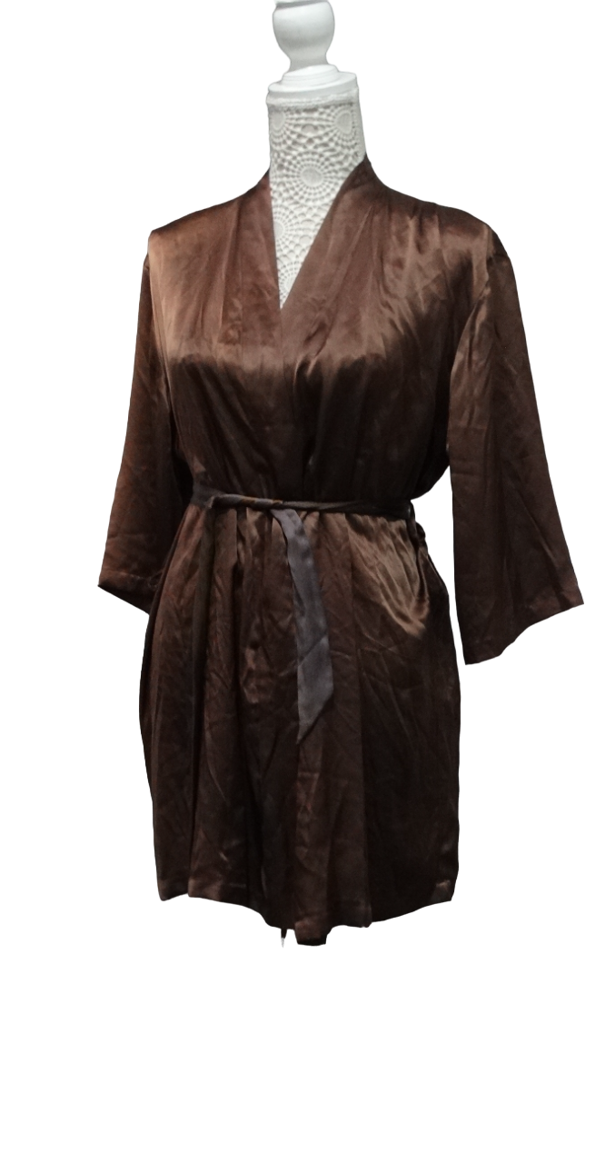 A ladies silk dressing gown - bronze colour, full length, together with a chocolate brown half