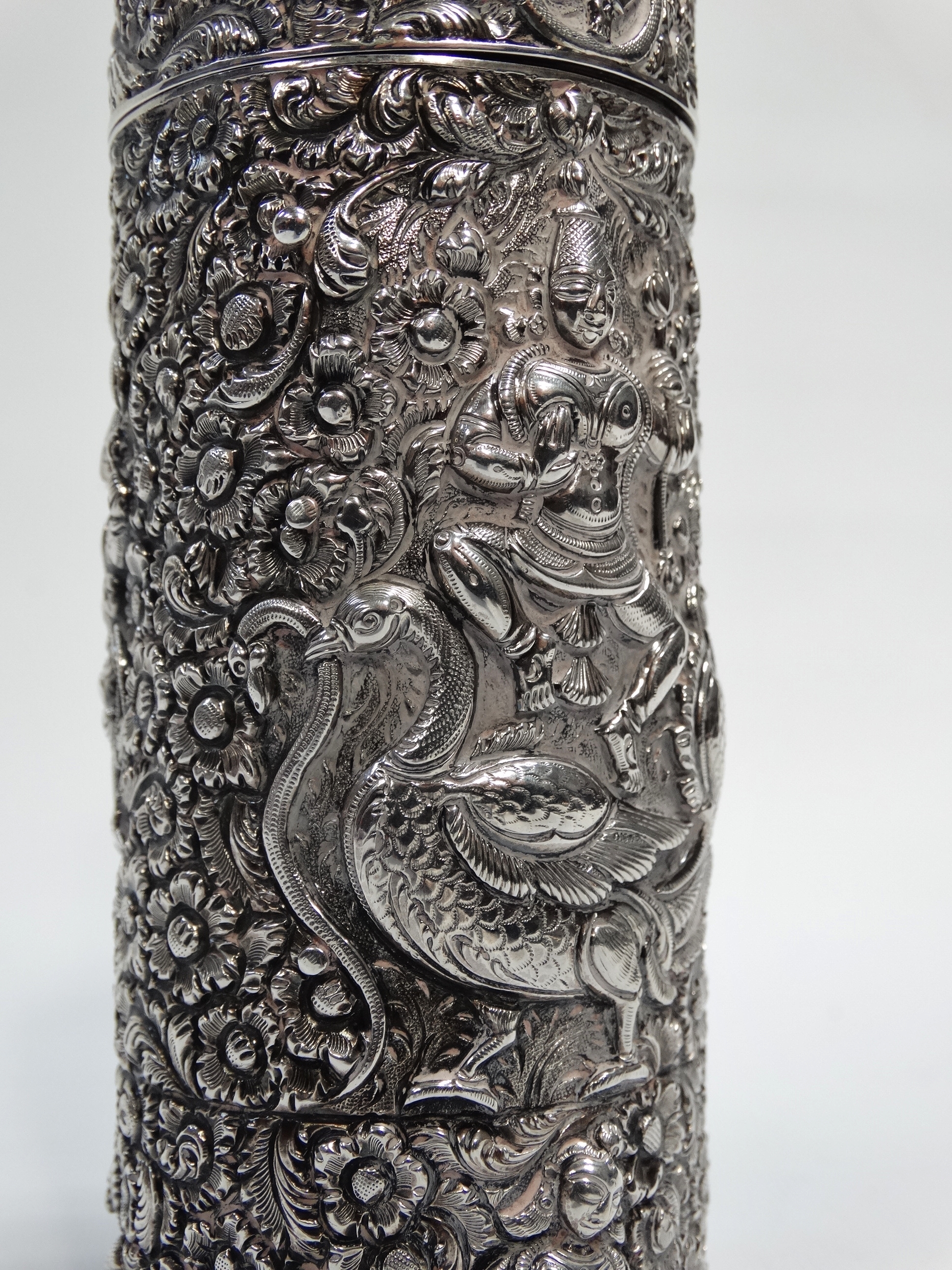 An Indonesian silver cylindrical scribes box - Extensively decorated with figures and birds on a - Image 2 of 10