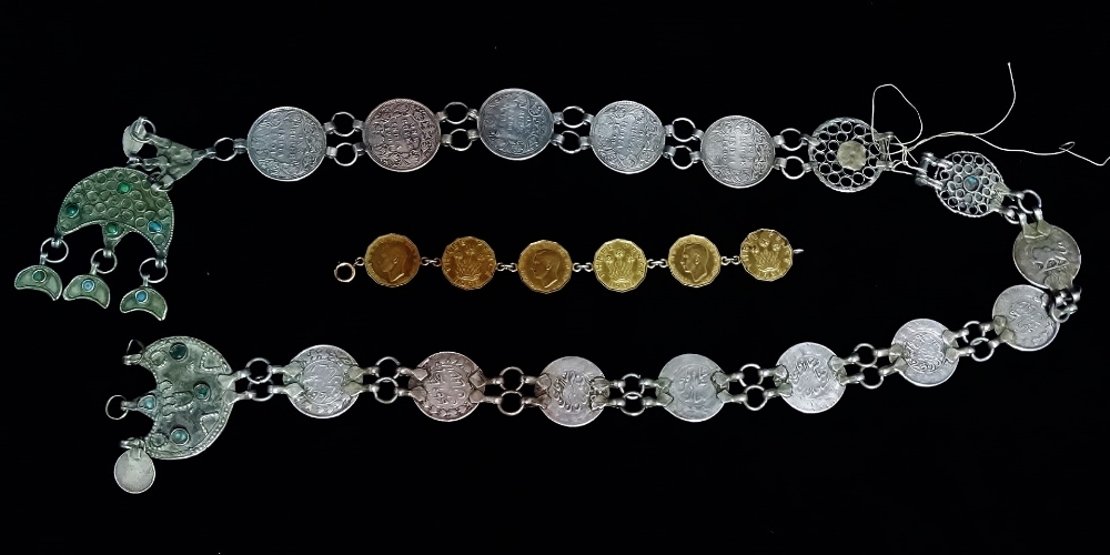 Five Victorian rupee coins - formed into a belt, together with eight Persian 1000 dinar coins,