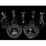 A pair of mid 20th century cut glass decanters - stop-fluted with triple ring necks, height 27cm,