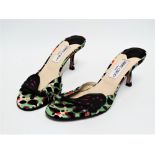 A pair of ladies Jimmy Choo sandals - with kitten heels, with a green abstract design on silk and