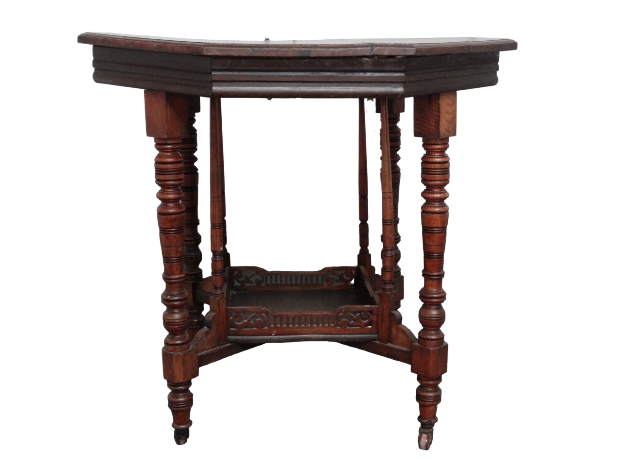 An Edwardian walnut occasional table - the octagonal top on square and turned legs joined by an - Image 2 of 3