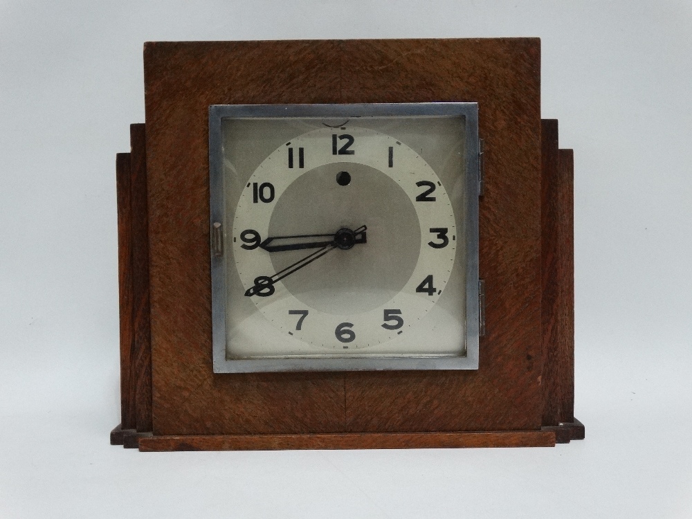 An oak cased Art Deco style mantel clock - the silvered square dial set out with Arabic numerals - Image 2 of 7