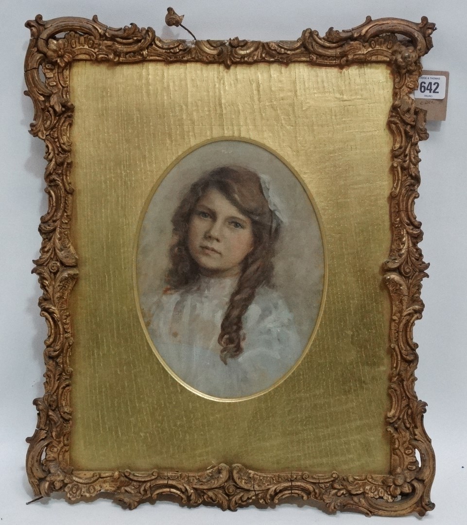 Early 20th Century British School Portrait Of A Young Girl Oil on canvas Framed as oval Framed and - Image 2 of 3