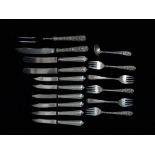 Five white metal fruit forks - American sterling, S Krik & Son, extensive chrysanthemum decoration