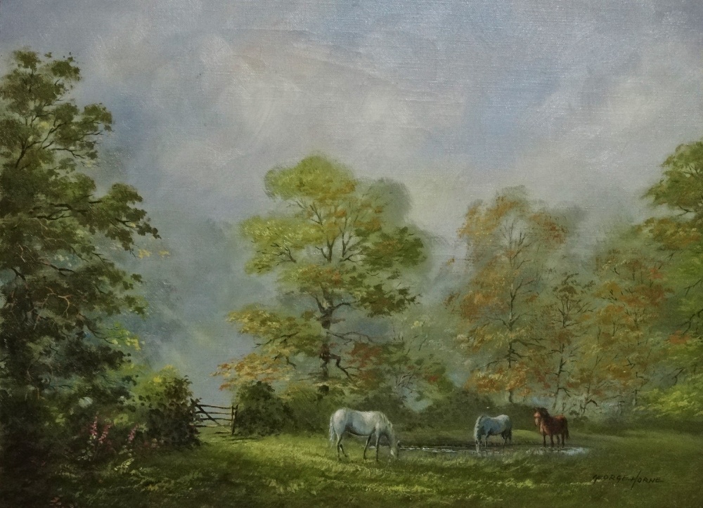 GEORGE HORNE 20th Century British School Horses In An Autumn Pasture Oil on canvas Signed lower