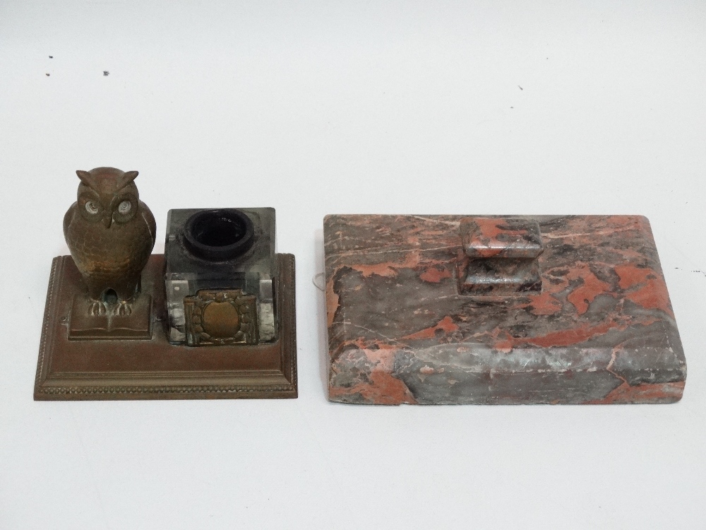 An early 20th century brass inkwell - modelled as an owl standing beside a square clear glass