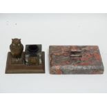 An early 20th century brass inkwell - modelled as an owl standing beside a square clear glass