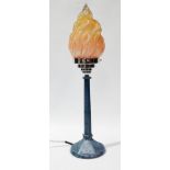 An Art Deco style blue Lucite table lamp - of faceted tapering form and circular base, with a