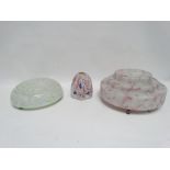 Three glass shades - a large pink marbled glass shade, diameter 35cm, height 18cm, another white and