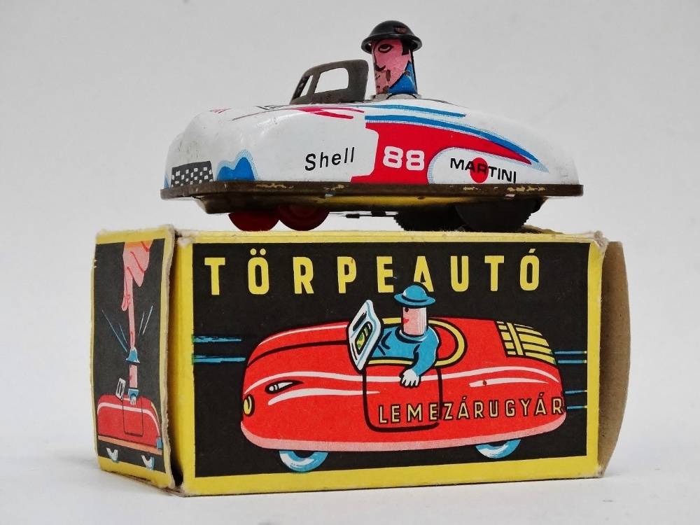 Torpeauto tin plate race car - push and go friction drive, in Shell/Martini livery, with original