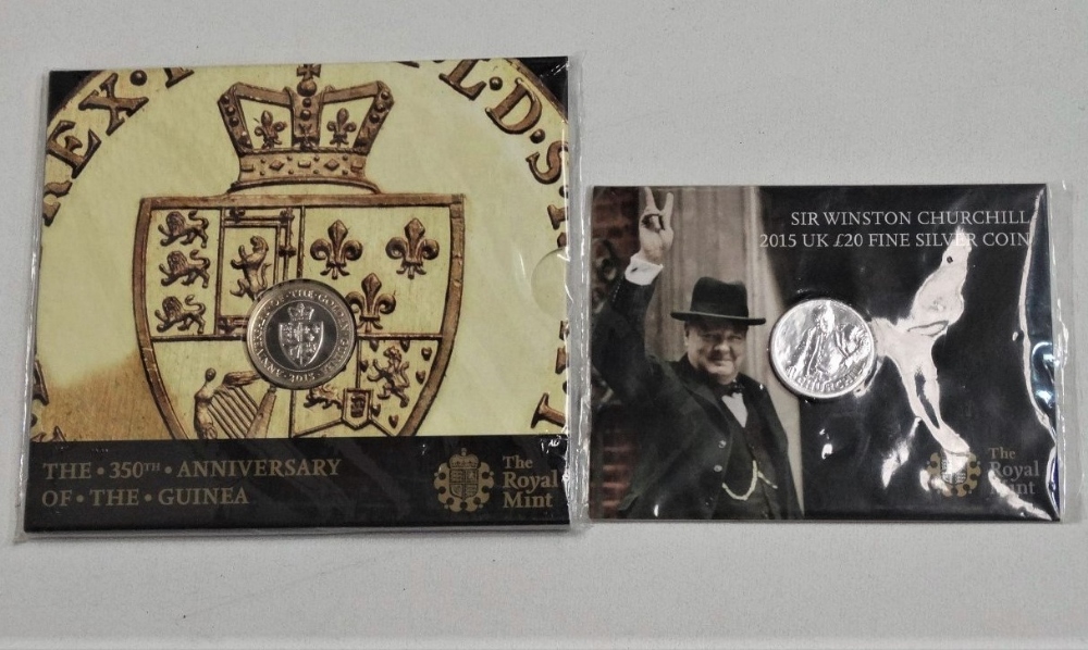 Coins - the 350th Anniversary of the Guinea £2 coin set, together with a Sir Winston Churchill £20