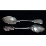 A pair of Victorian silver table spoons - Exeter 1858, John Stone, with fiddle backs engraved with