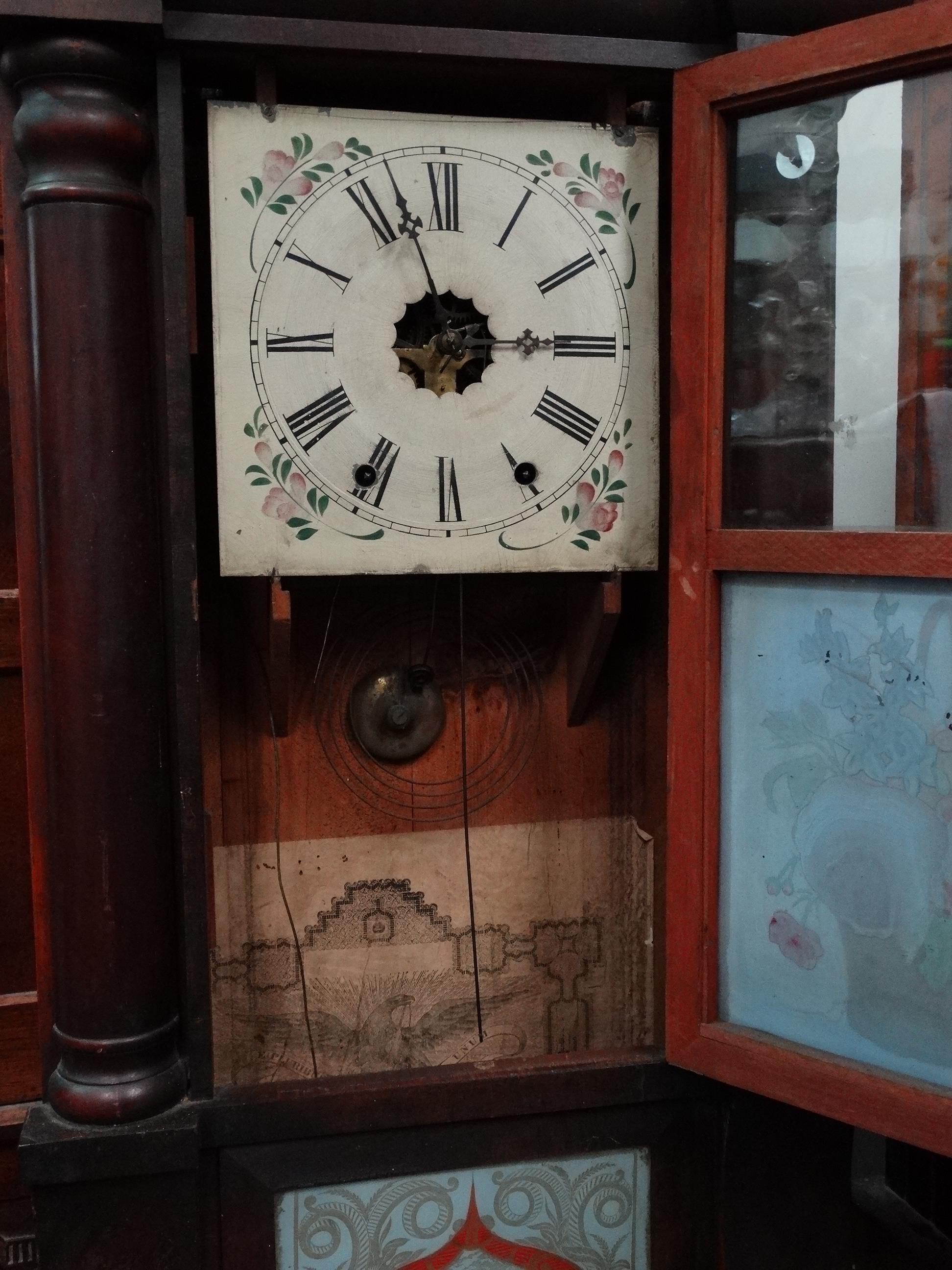 A late 19th century American wall clock - the cream painted dial set out with Roman numerals above - Image 2 of 3