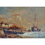 A.G. MORGAN Beached Boats Before A Castle Watercolour Framed and glazed Picture size 12.7 x 17.5cm