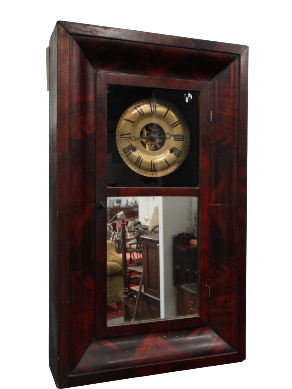 A late 19th century American mahogany cased wall clock - the brassed dial set out in Roman