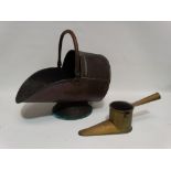 A late 19th century helmet form coal scuttle - together with a copper rectangular tapering scuttle