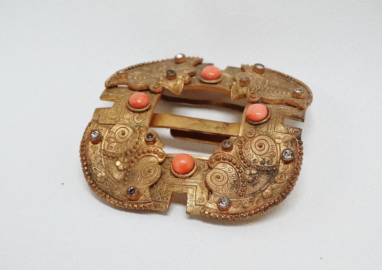 A late 19th century gilt metal buckle - square with a foliate design set with pink coral and white - Image 2 of 4